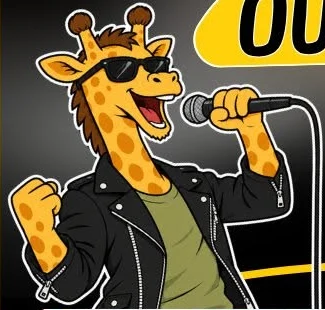 La girafe du Destockeur, micro en main